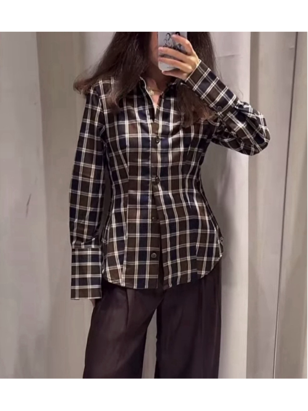 TOTEME Kimono Sleeve Poplin Shirt Tailored Plaid Brown Navy Check EU 42 NWOT - Picture 4 of 13